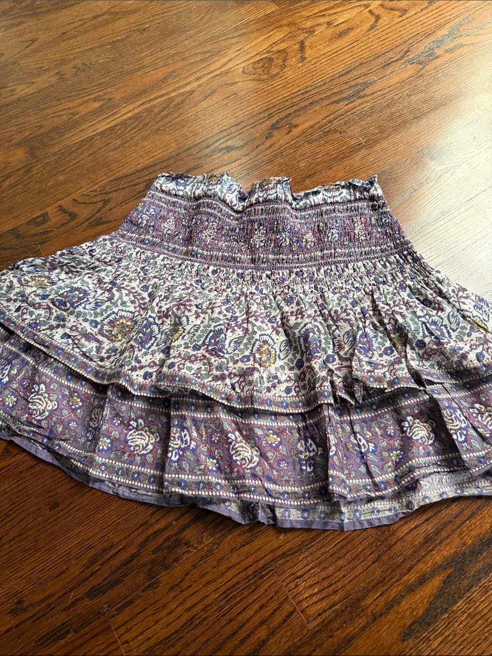 Smocked Tiered Mini Skirt in Purple Paisley